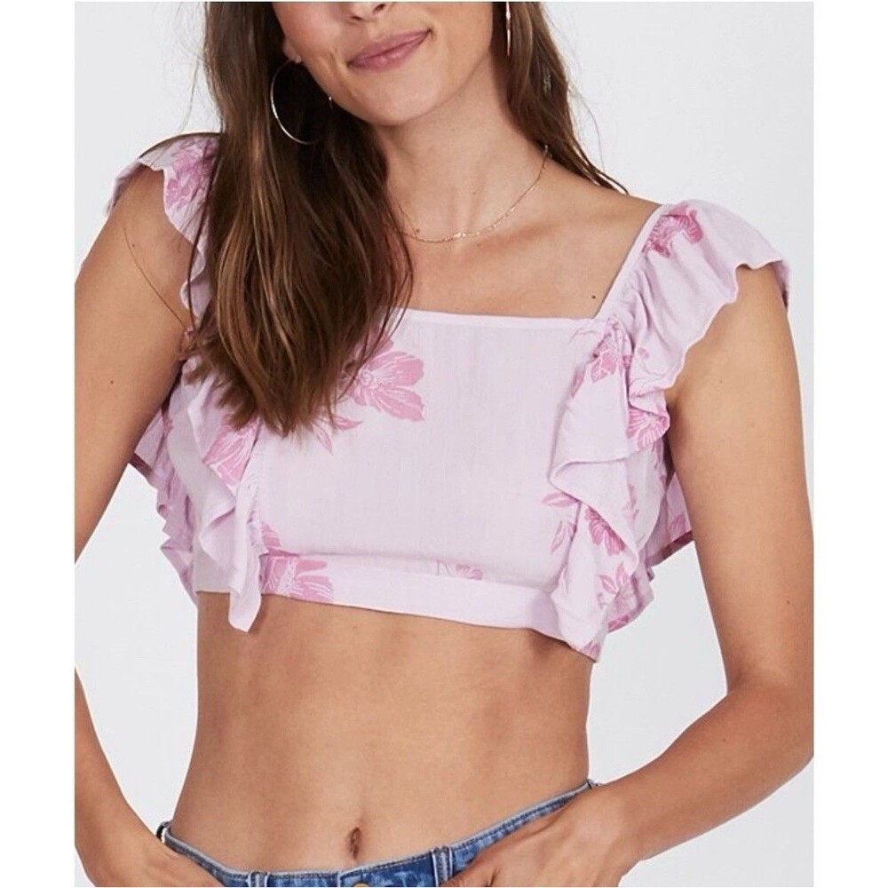 Amuse Society Women's Pink Purple Floral Ruffle Sleeve Crop Top Size L NWT